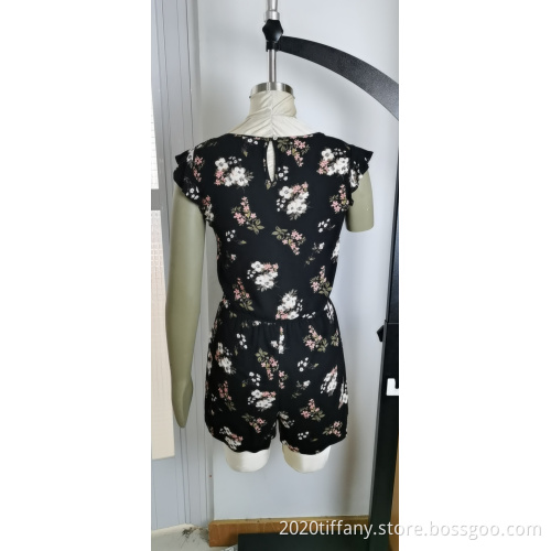 Ladies Fashion Black Print V-Neck Short Sleeve Jumpsuit